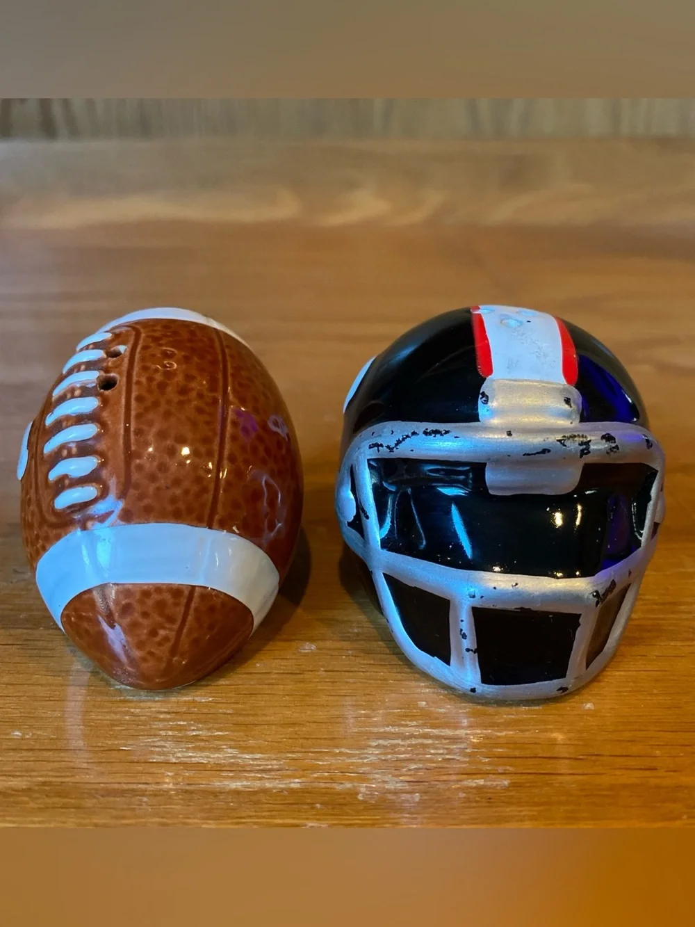 Enesco Vintage Football Ball & Helmet Salt and Pepper Shakers Ceramic